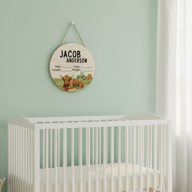 Celebrate His Arrival with a Highland Cow Animal Round Wood Sign