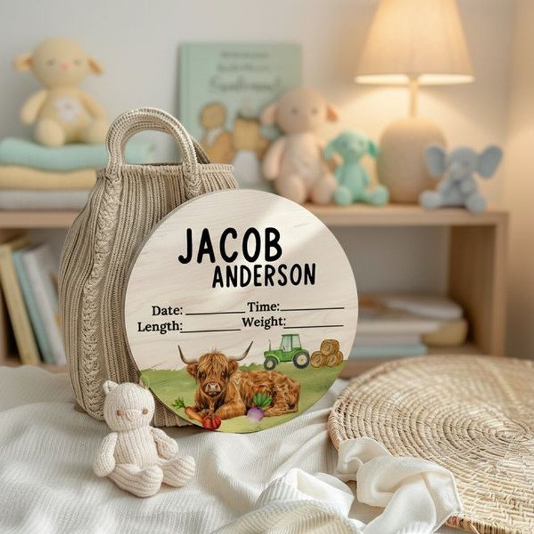 Celebrate His Arrival with a Highland Cow Animal Round Wood Sign