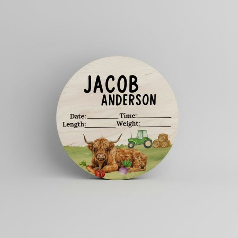 Celebrate His Arrival with a Highland Cow Animal Round Wood Sign