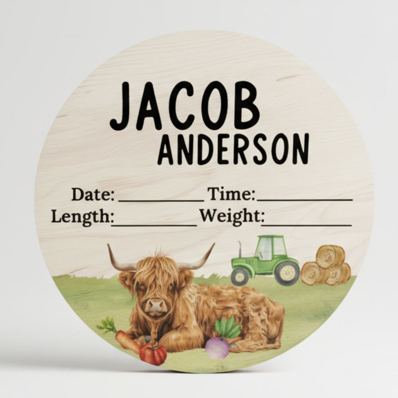 Celebrate His Arrival with a Highland Cow Animal Round Wood Sign