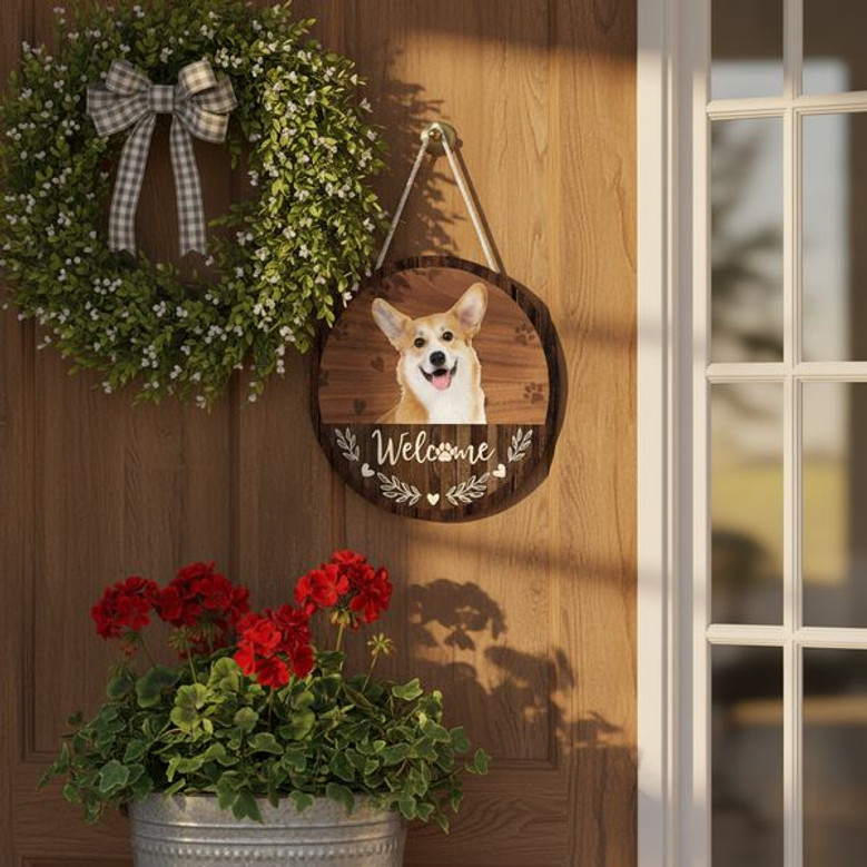 Cherished Pet Portrait Custom Animal Round Wood Sign Welcome