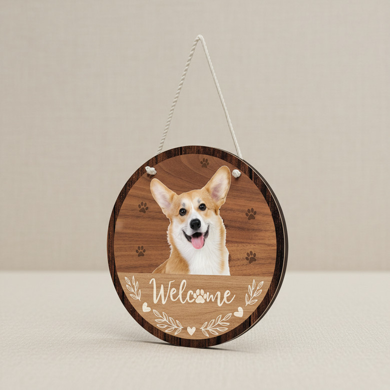 Cherished Pet Portrait Custom Animal Round Wood Sign Welcome