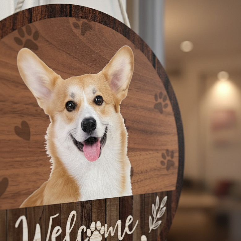 Cherished Pet Portrait Custom Animal Round Wood Sign Welcome