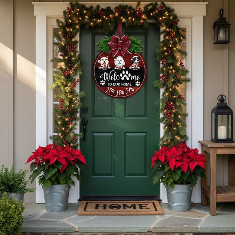 Christmas Welcome Custom Dog Breed Animal Round Wood Sign