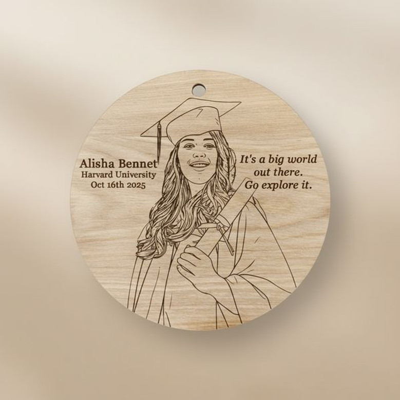 Custom Graduation Round Wood Sign Line Art Portrait Keepsake
