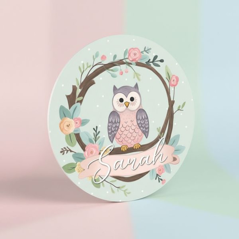 Enchanting Woodland Owl Nursery Round Wood Sign for Girls
