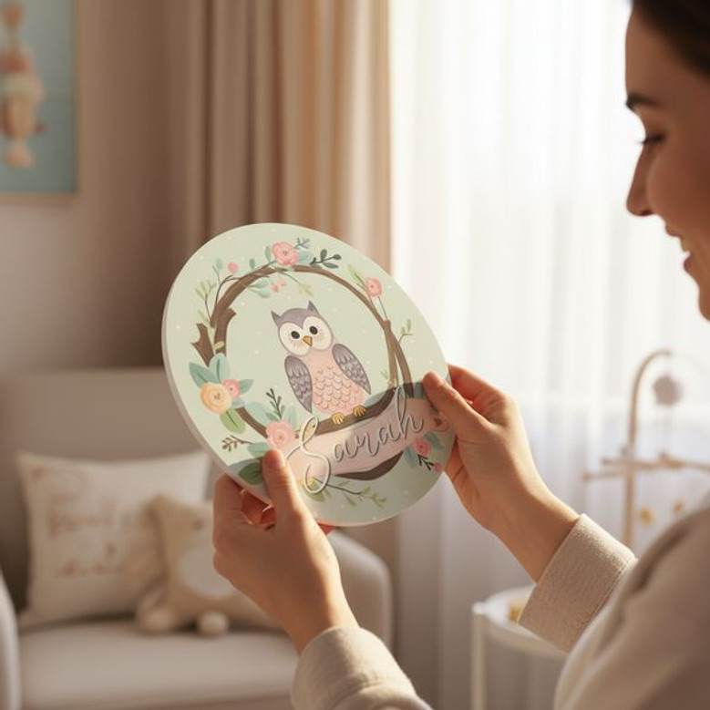 Enchanting Woodland Owl Nursery Round Wood Sign for Girls