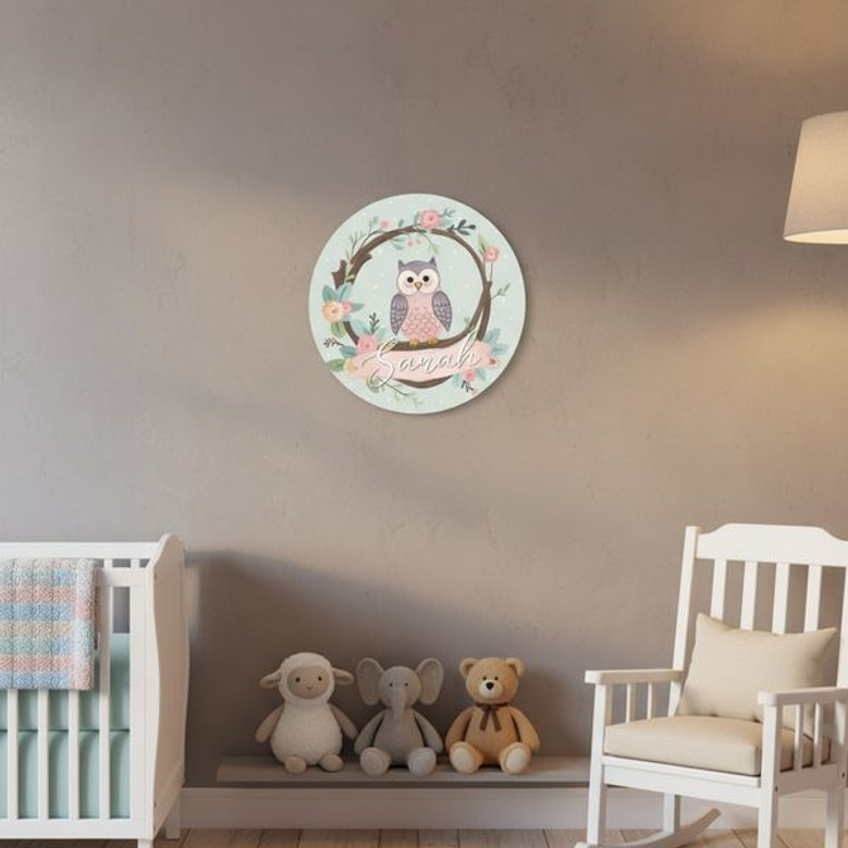 Enchanting Woodland Owl Nursery Round Wood Sign for Girls