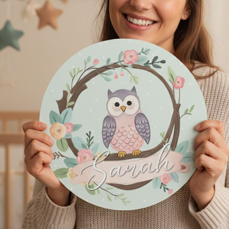 Enchanting Woodland Owl Nursery Round Wood Sign for Girls