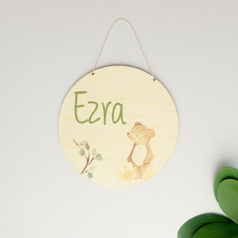 Forest Bear Animal Round Wood Sign Handcrafted Baby Name Decor