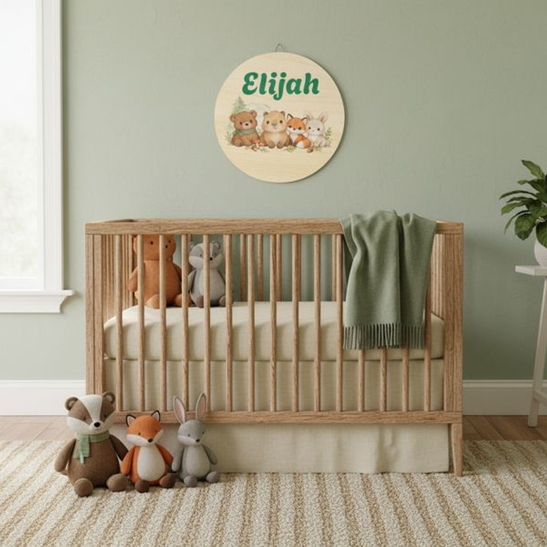 Forest Bear Fox and Bunny Friends Nursery Round Wood Sign