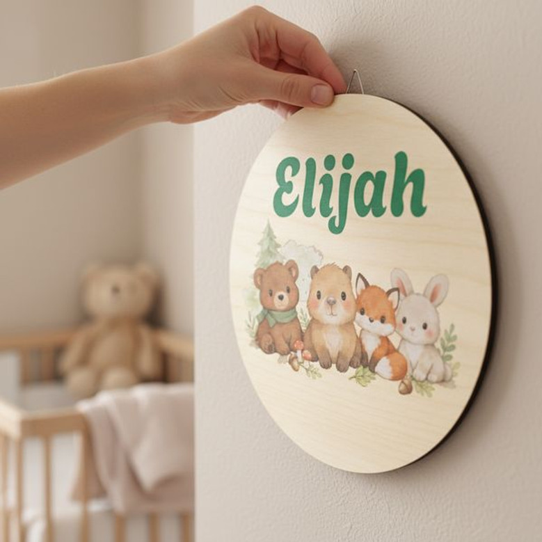 Forest Bear Fox and Bunny Friends Nursery Round Wood Sign