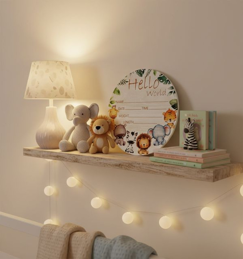 Giraffe and Elephant Hello World Nursery Round Wood Sign Gift