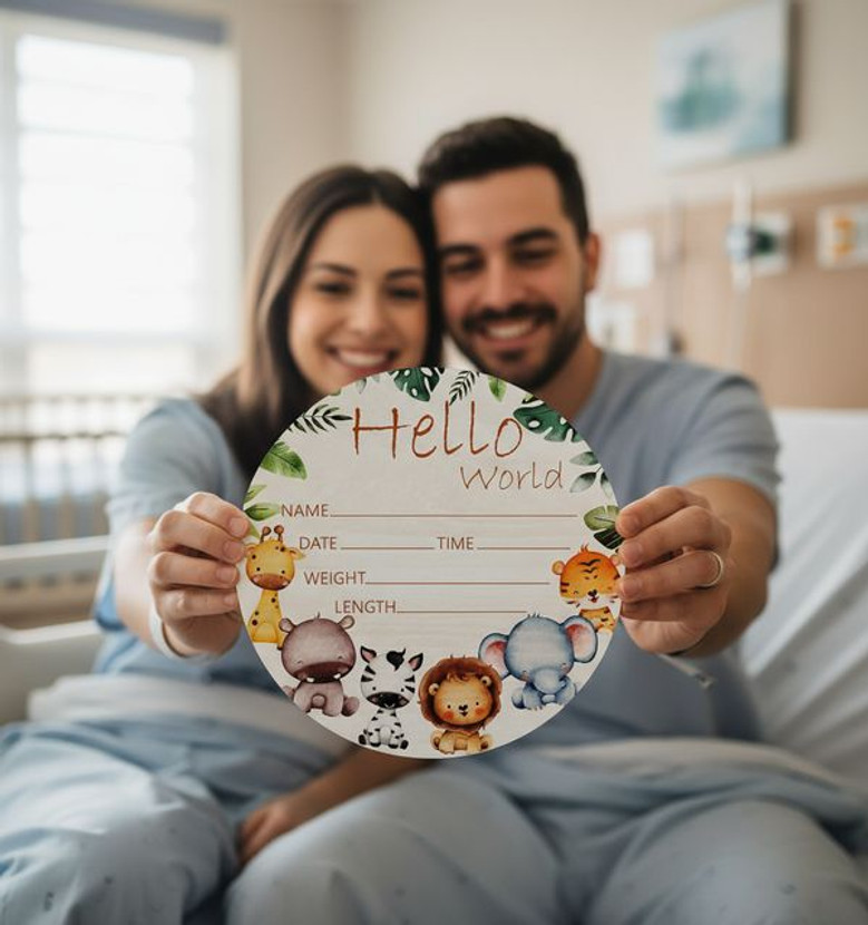 Giraffe and Elephant Hello World Nursery Round Wood Sign Gift