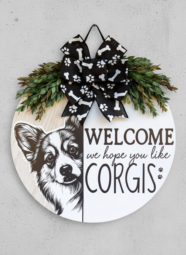 Heartfelt Corgi Welcome Personalized Animal Round Wood Sign