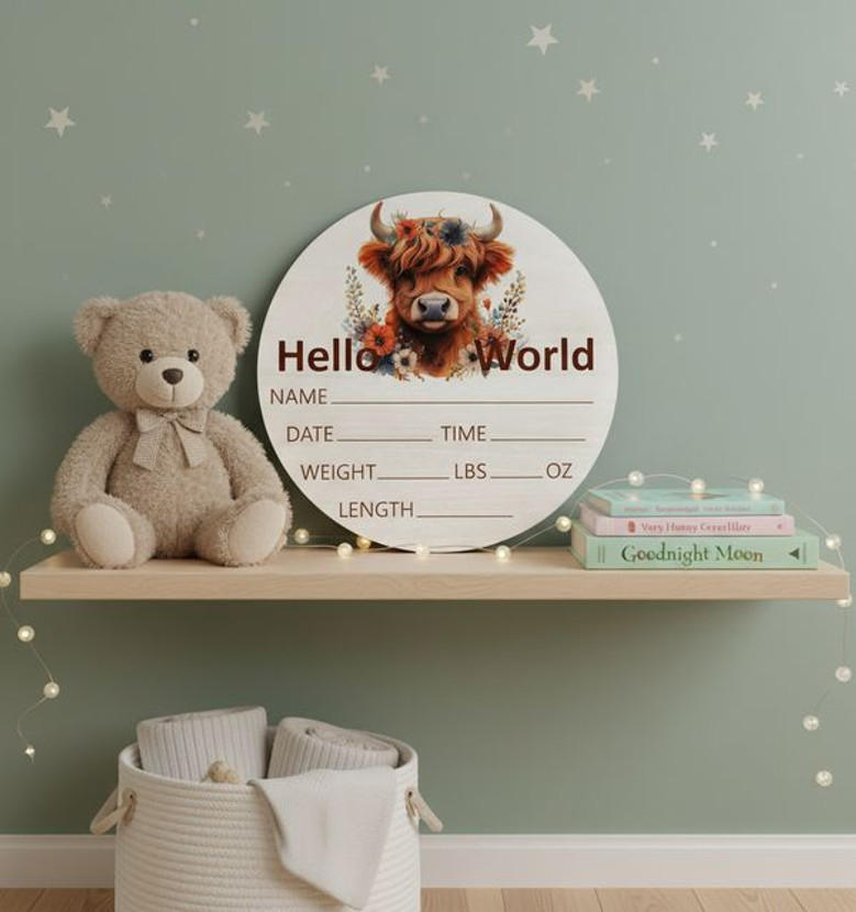 Highland Cow Keepsake Your Custom Nursery Round Wood Sign