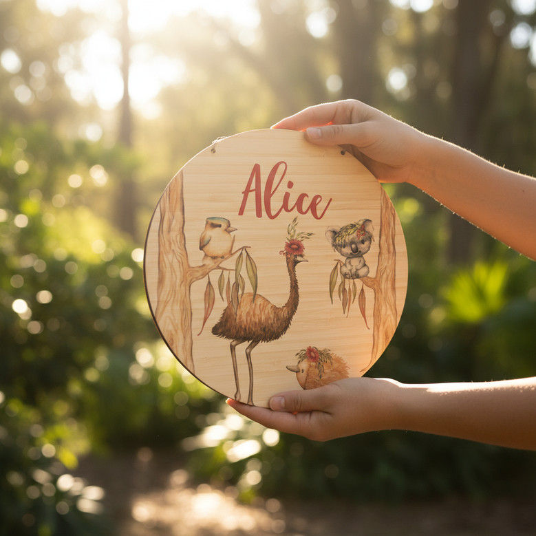 Kangaroo Custom Name Australian Animal Round Wood Sign Decor