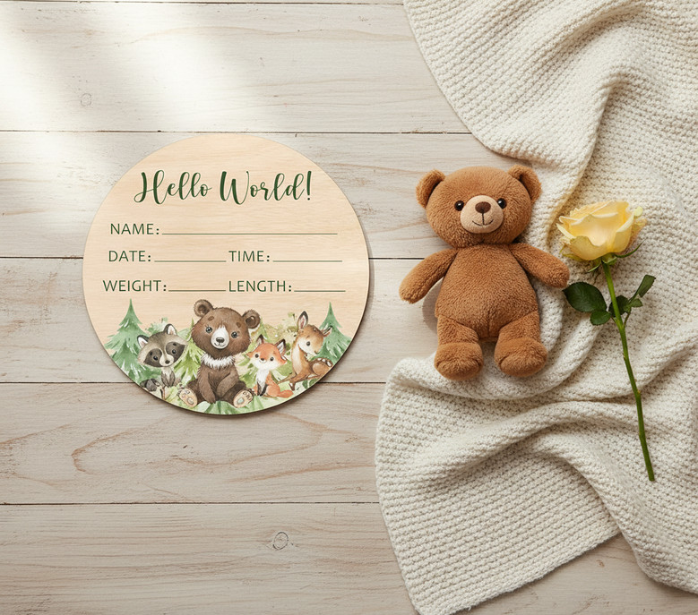 Kawaii Wild Woodland Animal Welcome Nursery Round Wood Sign