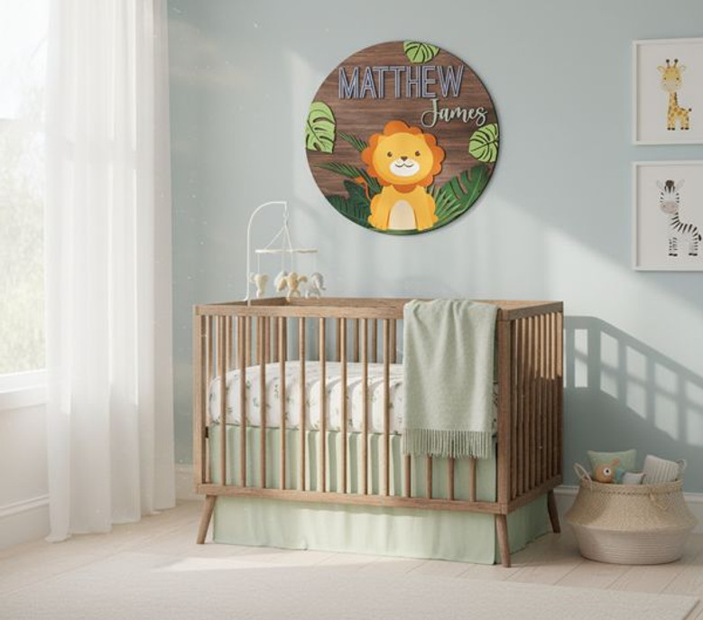 Majestic 3D Lion Safari Nursery Round Wood Sign with Custom Baby Name