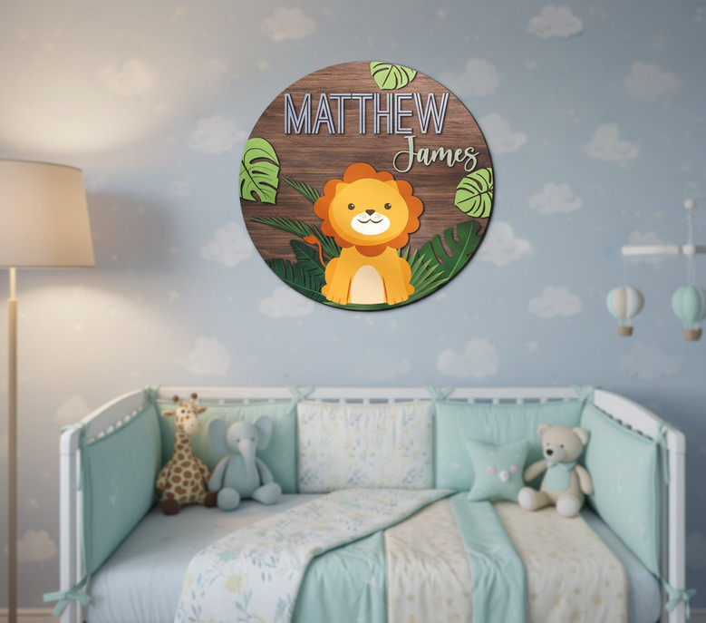 Majestic 3D Lion Safari Nursery Round Wood Sign with Custom Baby Name