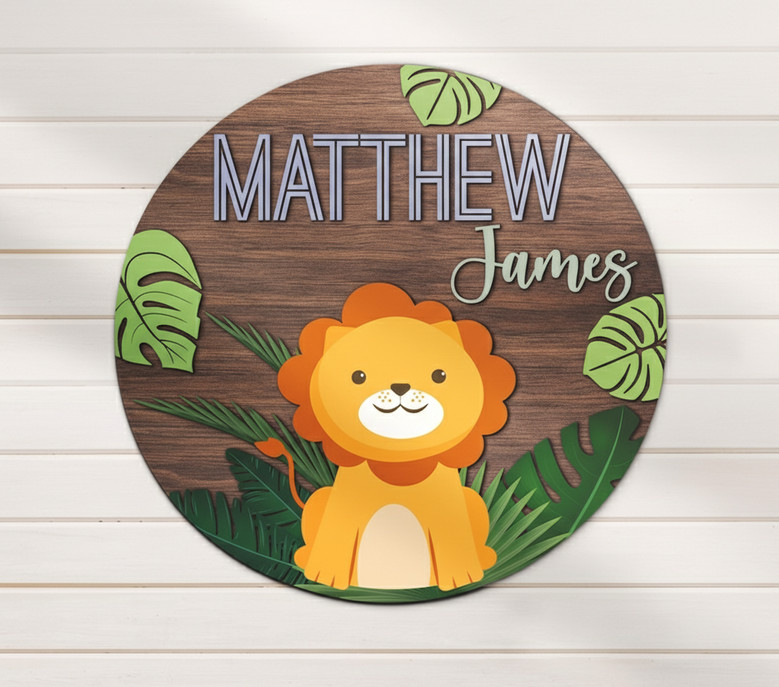 Majestic 3D Lion Safari Nursery Round Wood Sign with Custom Baby Name