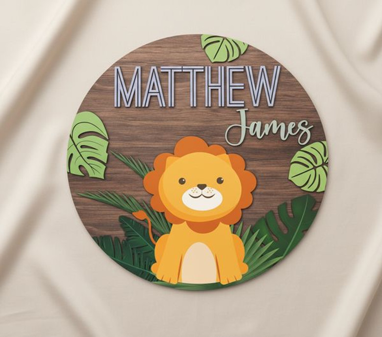 Majestic 3D Lion Safari Nursery Round Wood Sign with Custom Baby Name