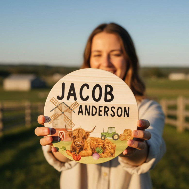 Newborn Photo Prop Highland Cow Animal Round Wood Sign