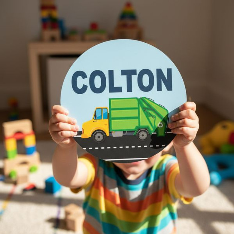 Nursery Round Wood Sign Garbage Truck Fun for Boys Bedrooms