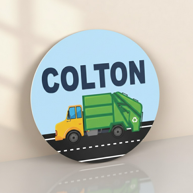 Nursery Round Wood Sign Garbage Truck Fun for Boys Bedrooms