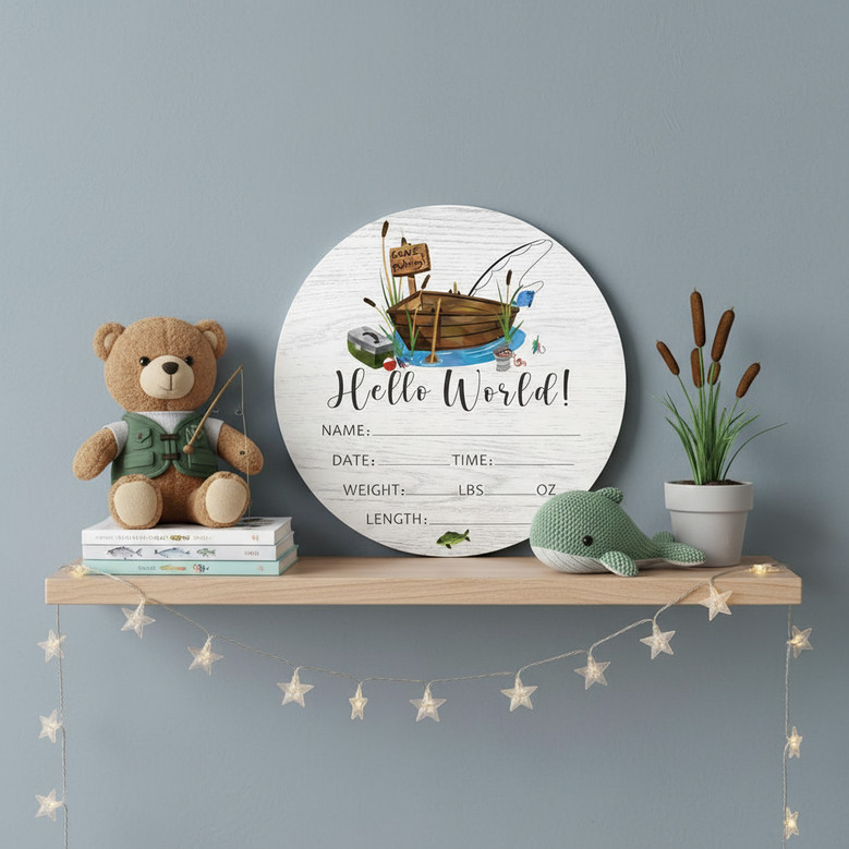 Our Greatest Catch Fishing Theme Nursery Round Wood Sign