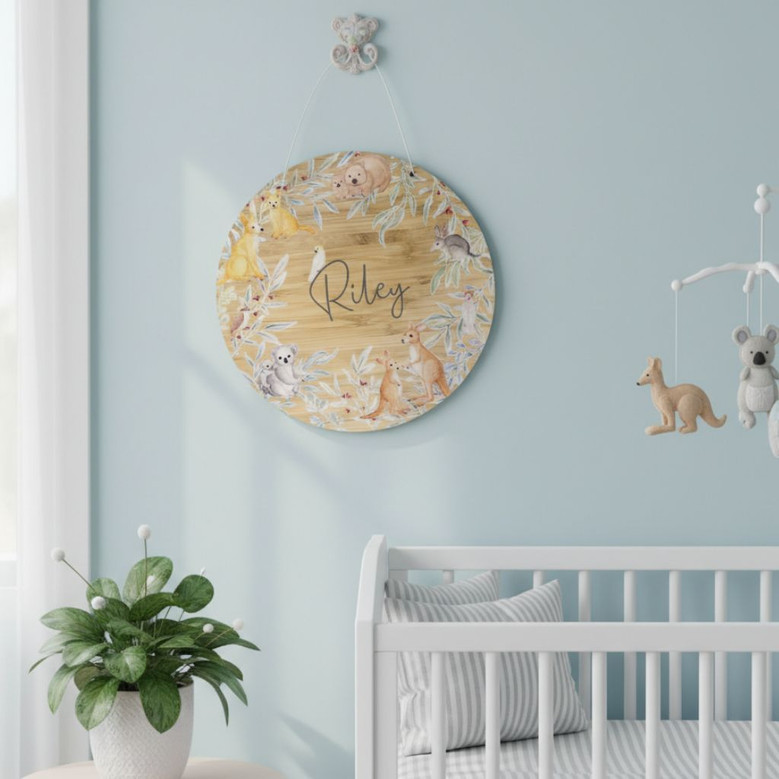 Outback Wonders Custom Name Animal Round Wood Sign for Baby