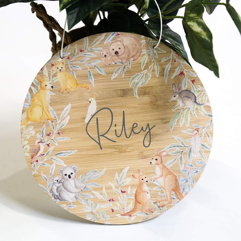 Outback Wonders Custom Name Animal Round Wood Sign for Baby