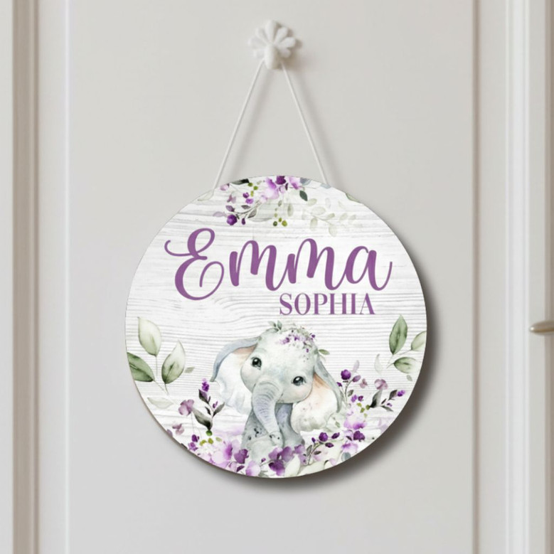 Personalized Elephant Nursery Animal Round Wood Sign