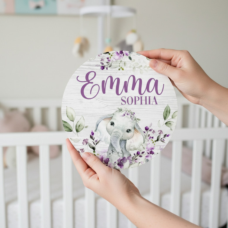 Personalized Elephant Nursery Animal Round Wood Sign