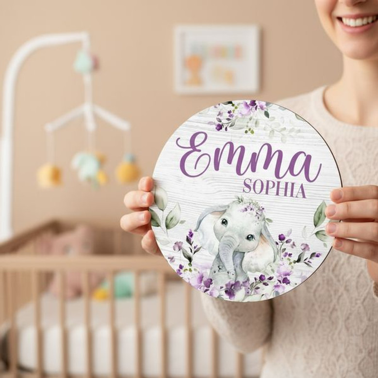 Personalized Elephant Nursery Animal Round Wood Sign