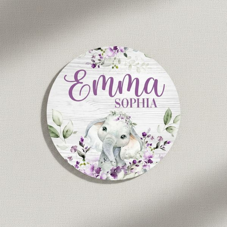 Personalized Elephant Nursery Animal Round Wood Sign