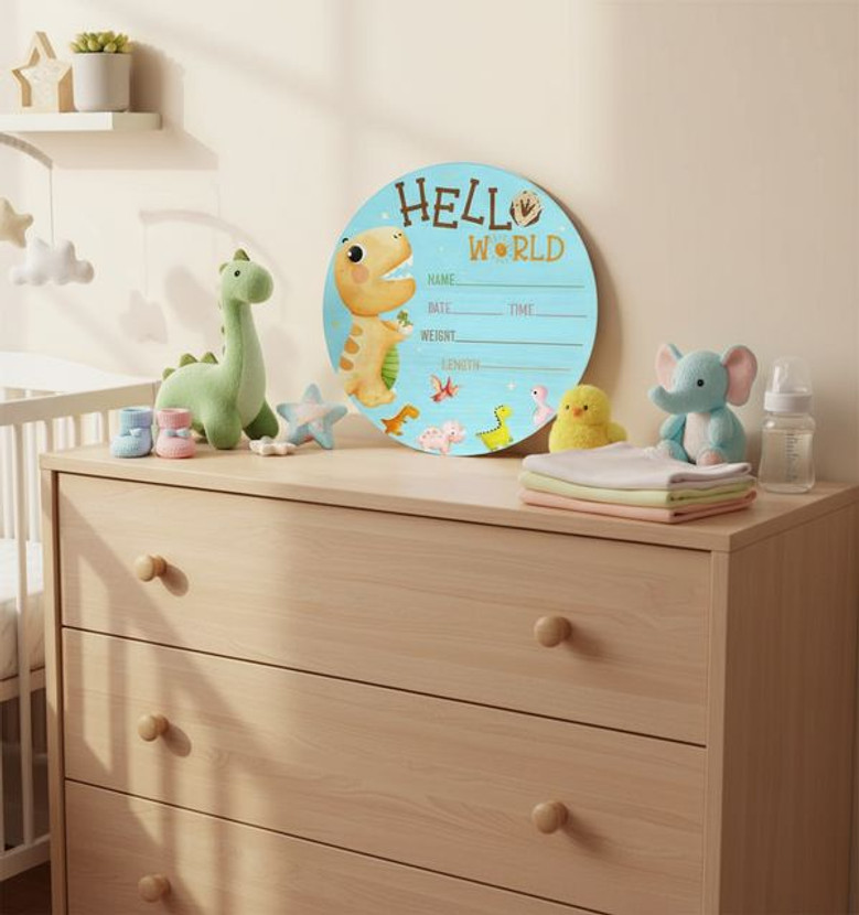 Roaring Into Life Dinosaur Nursery Round Wood Sign for Baby