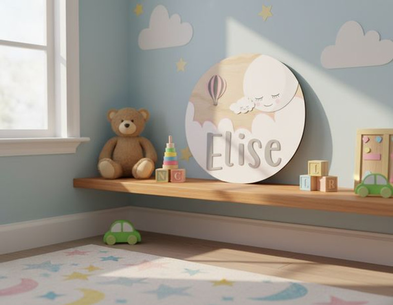 Skyward Dreams Handcrafted Nursery Round Wood Sign for Kids Room