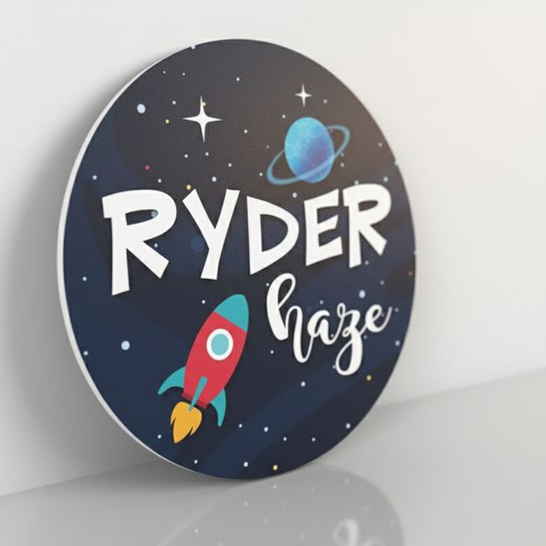 Stellar Spaceship Discovery Nursery Round Wood Sign