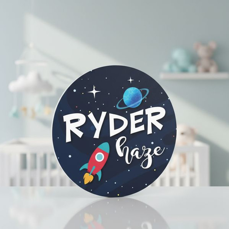 Stellar Spaceship Discovery Nursery Round Wood Sign