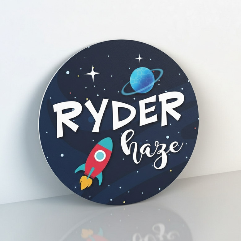 Stellar Spaceship Discovery Nursery Round Wood Sign