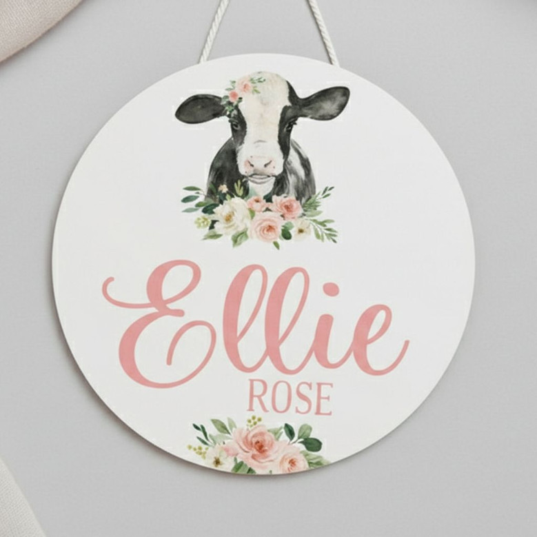 Sweet Cow Nursery Personalized Animal Round Wood Sign for Girls