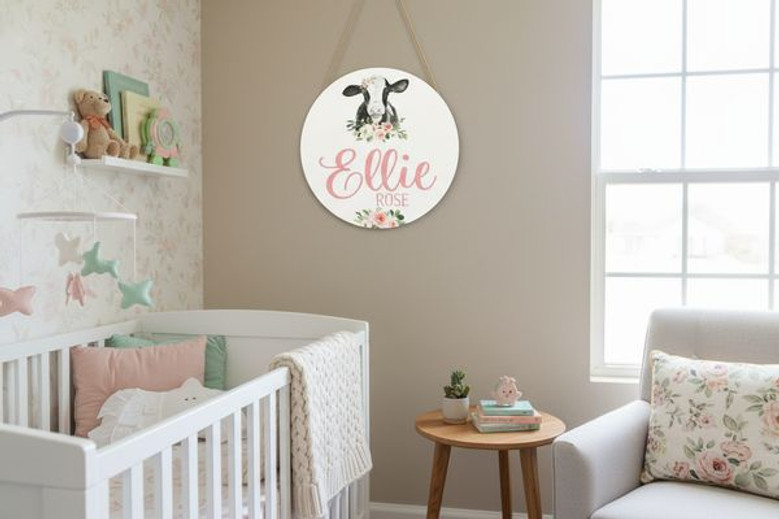 Sweet Cow Nursery Personalized Animal Round Wood Sign for Girls