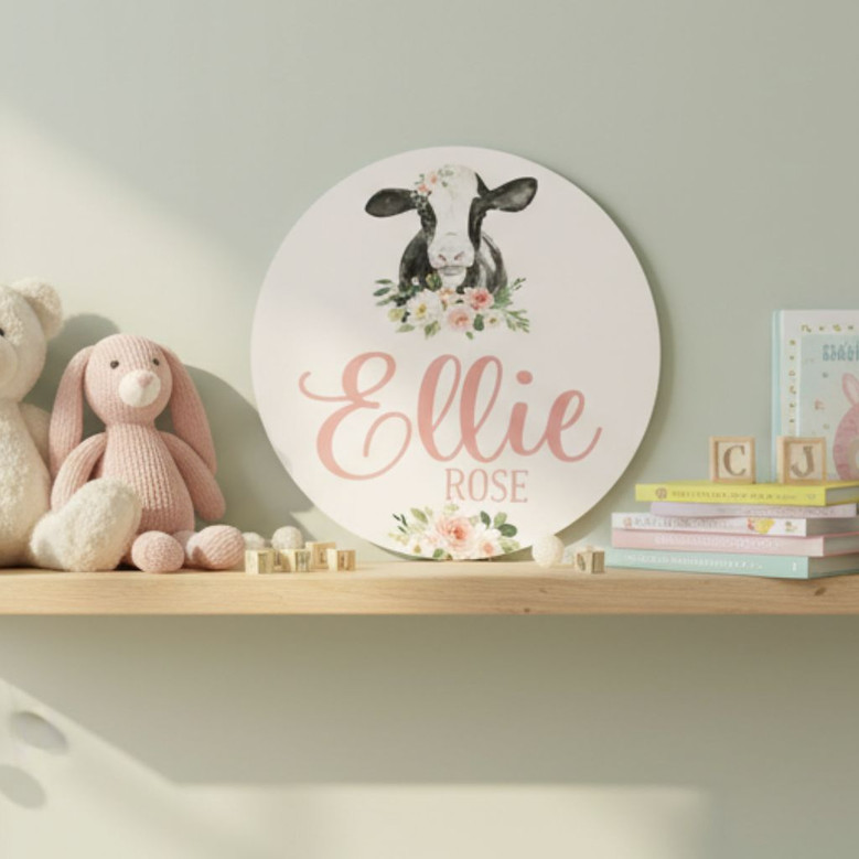 Sweet Cow Nursery Personalized Animal Round Wood Sign for Girls