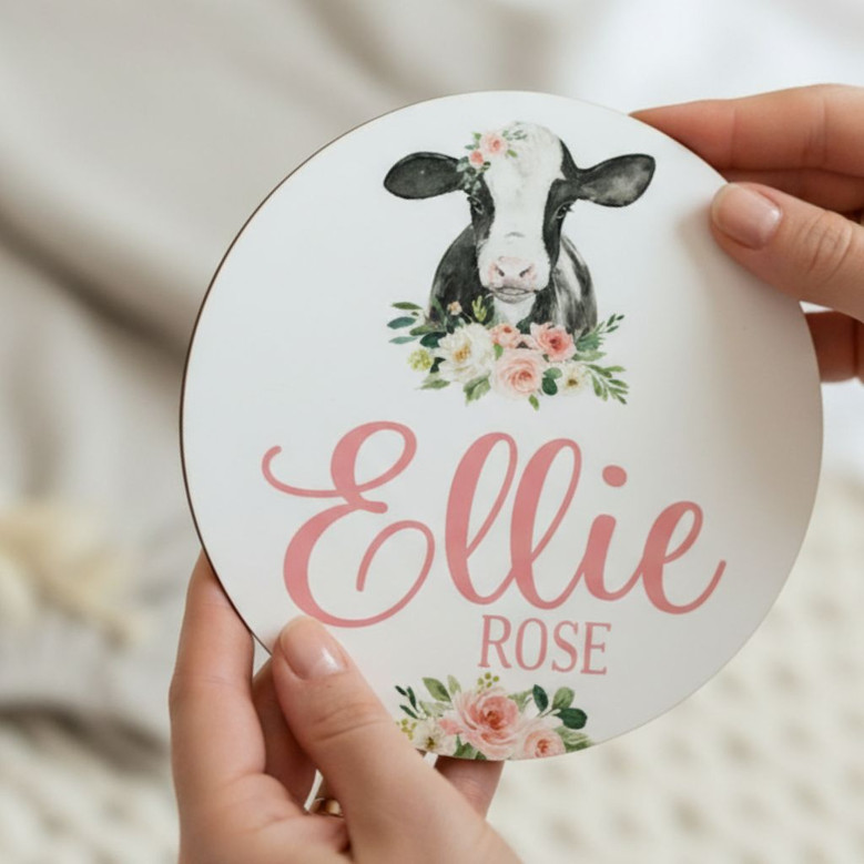 Sweet Cow Nursery Personalized Animal Round Wood Sign for Girls