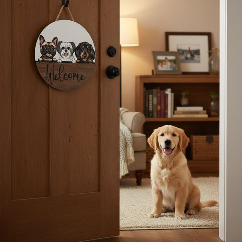 Wags and Wit Personalized Dog Animal Round Wood Sign