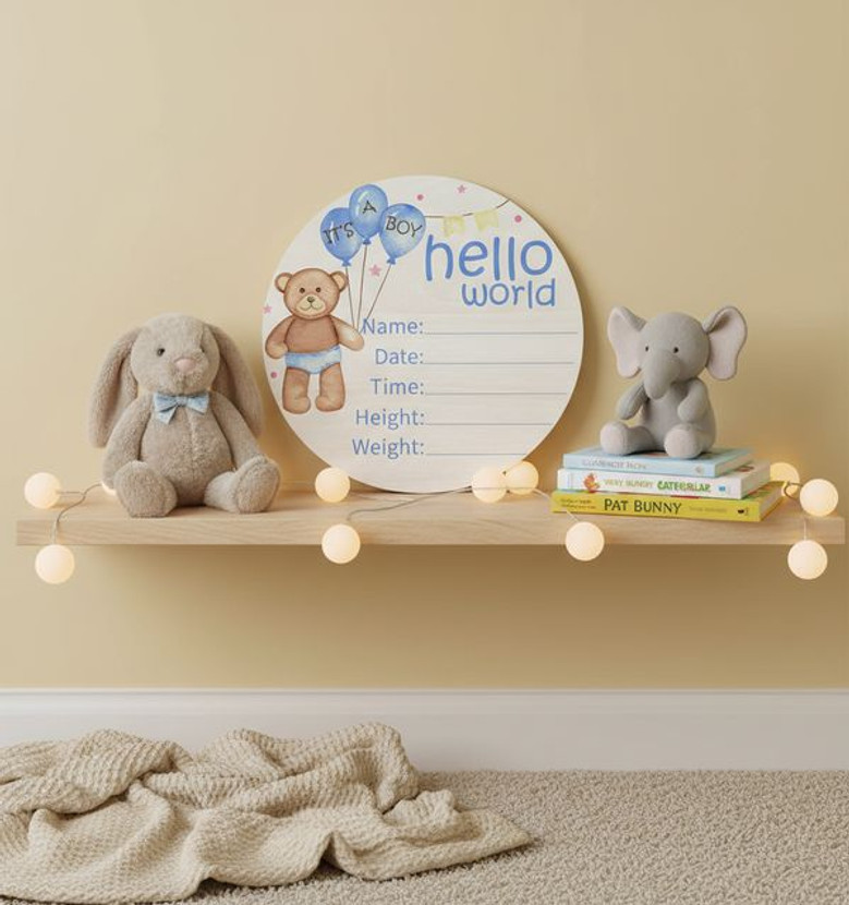 Welcome Home Blue Bear Birch Nursery Round Wood Sign