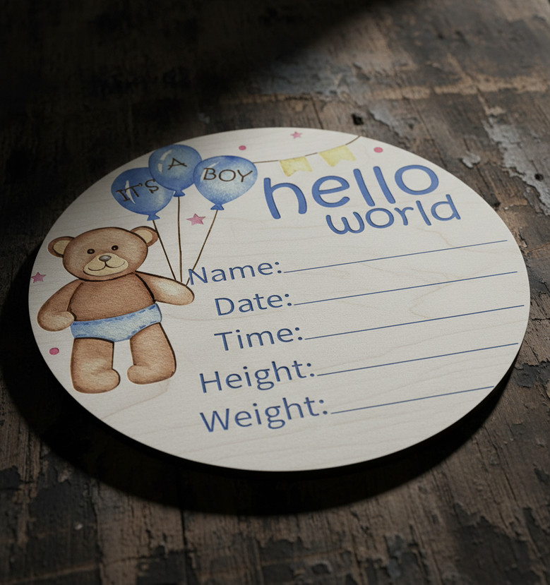 Welcome Home Blue Bear Birch Nursery Round Wood Sign
