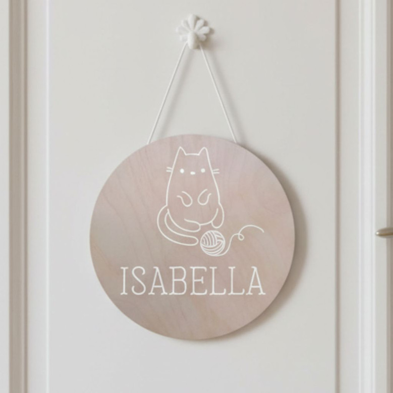 Whimsical Cat Animal Round Wood Sign Custom Nursery Name Decor