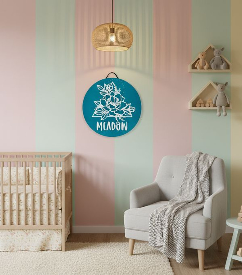 Artful Nursery Charm Custom Floral Round Wood Sign